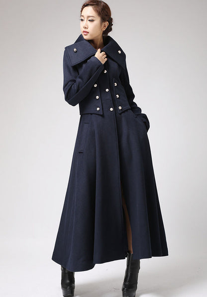 Navy Blue Wool Military Coat – Vintage Long Winter Overcoat with Silver Buttons 0701