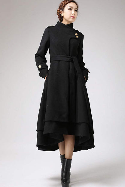 Asymmetrical Hem Black wool Coat , womens winter outerwear  0703#