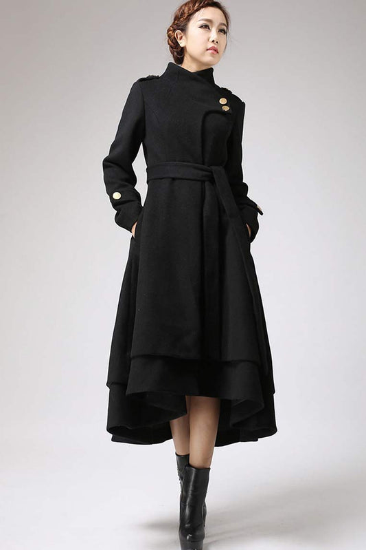 Winter Asymmetrical Black Wool Coat 0703