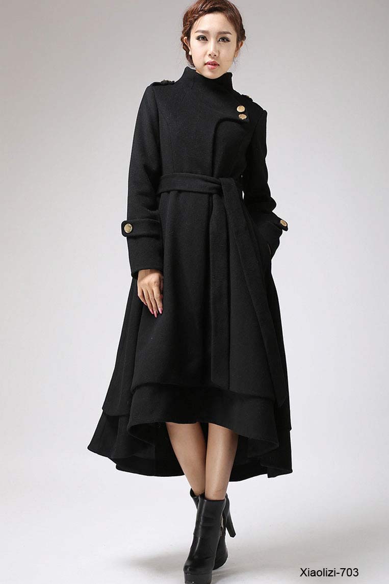 Winter Asymmetrical Black Wool Coat 0703