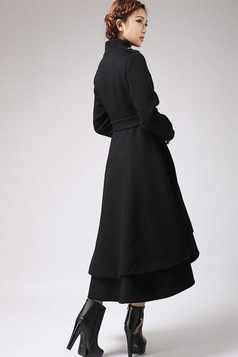 Asymmetrical Hem Black wool Coat , womens winter outerwear  0703#
