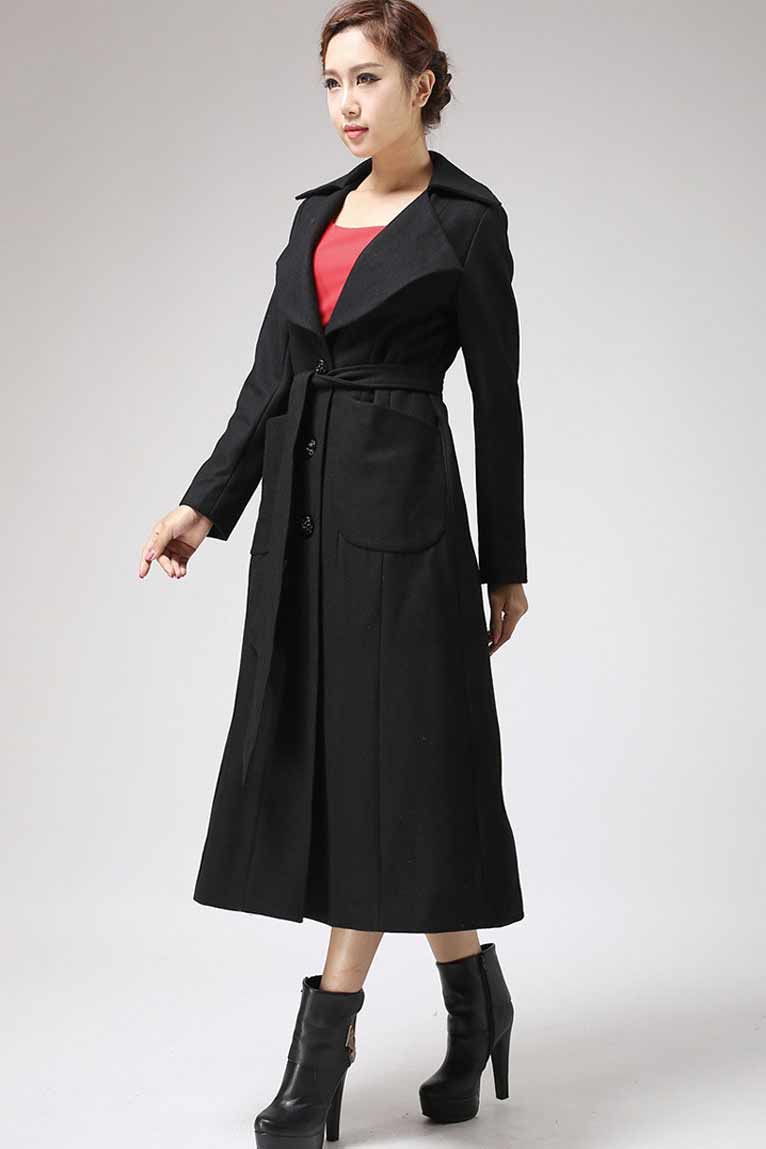 Black Long Wool Coat Winter Jacket 0704#