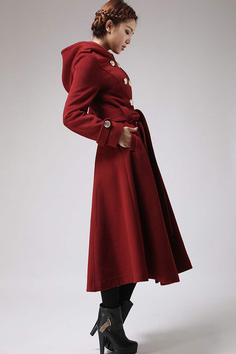 Womens's hooded Military coat in Red 0705#
