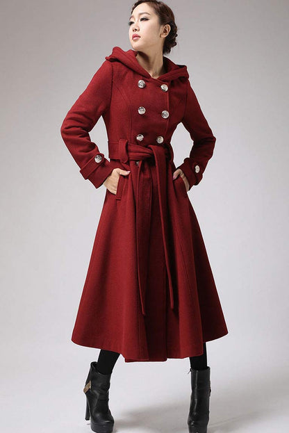 Wool Blend Hooded Swing Coat – Handmade Vintage Military Elegance 0705#