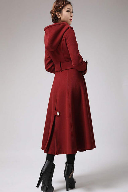 Wool Blend Hooded Swing Coat – Handmade Vintage Military Elegance 0705#