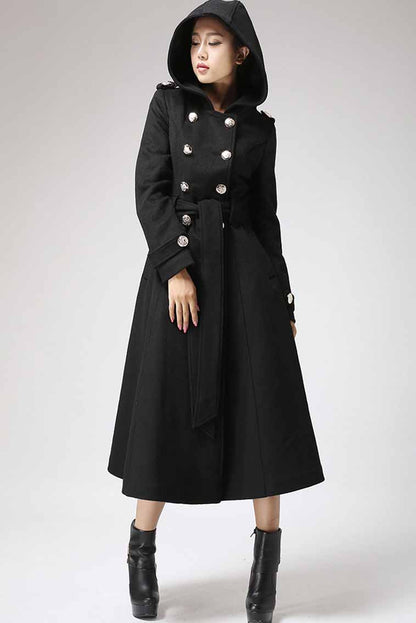 Wool Blend Hooded Swing Coat – Handmade Vintage Military Elegance 0705#