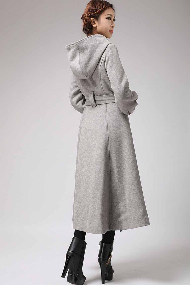 Maxi wool coat Long sleeve womens long swing coat with hood and