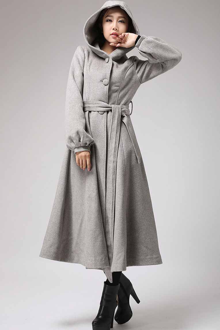 Maxi wool coat Long sleeve womens long swing coat with hood and