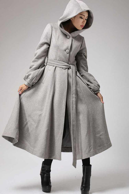 Maxi wool coat Long sleeve womens long swing coat with hood and self t –  XiaoLizi