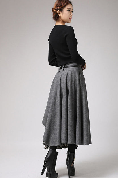 Vintage Wool Skirt Grey – Houndstooth Panel & Belted Waist – 0720