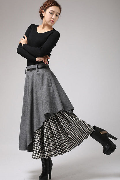 Vintage Wool Skirt Grey – Houndstooth Panel & Belted Waist – 0720