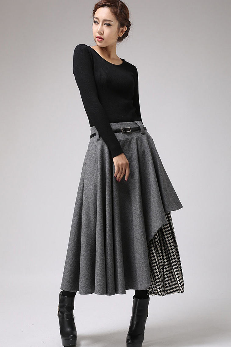 layered wool maxi skirt, Designer swing skirt for winter 0720#