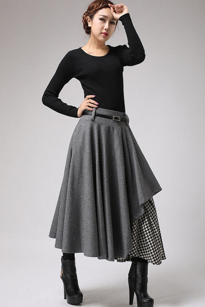 Vintage Wool Skirt Grey – Houndstooth Panel & Belted Waist – 0720