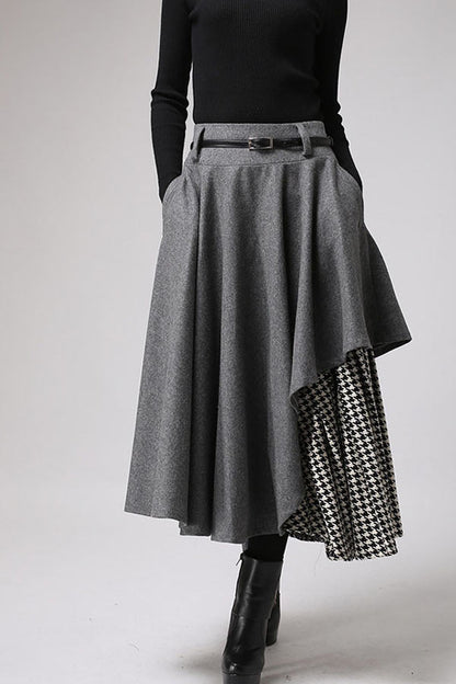 Vintage Wool Skirt Grey – Houndstooth Panel & Belted Waist – 0720