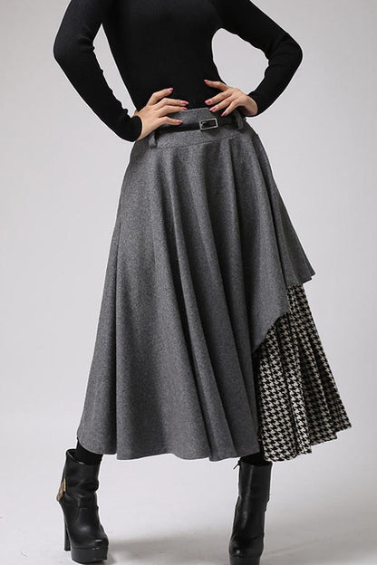 Vintage Wool Skirt Grey – Houndstooth Panel & Belted Waist – 0720
