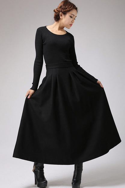 Black Wool Blend Maxi Skirt – Handmade High Waist Pleated Winter Elegance 0722