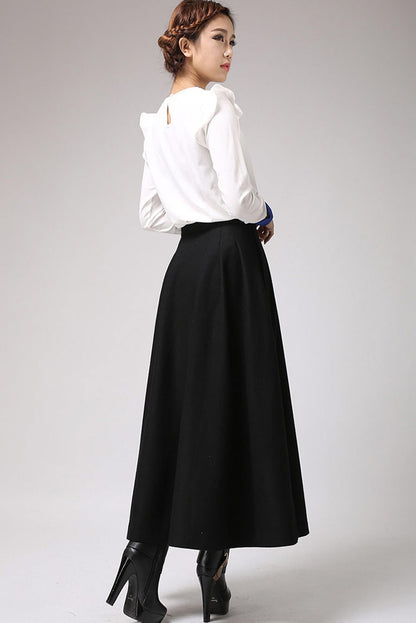 Black Wool Blend Maxi Skirt – Handmade High Waist Pleated Winter Elegance 0722