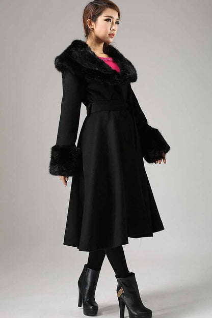 Black Wool Coat Maxi Length - Faux Fur Collar & Cuffs 729