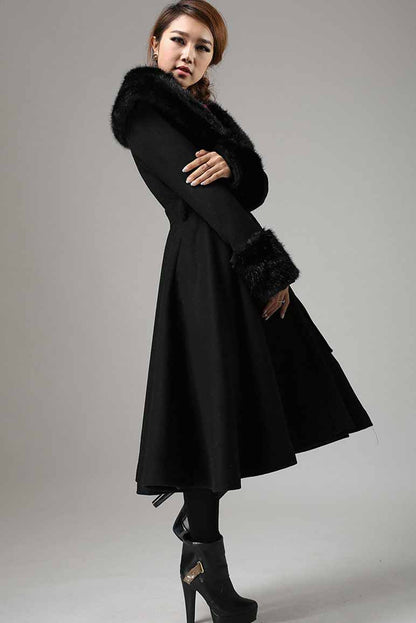 Black Wool Coat Maxi Length - Faux Fur Collar & Cuffs 729