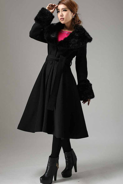 Black Wool Coat Maxi Length - Faux Fur Collar & Cuffs 729