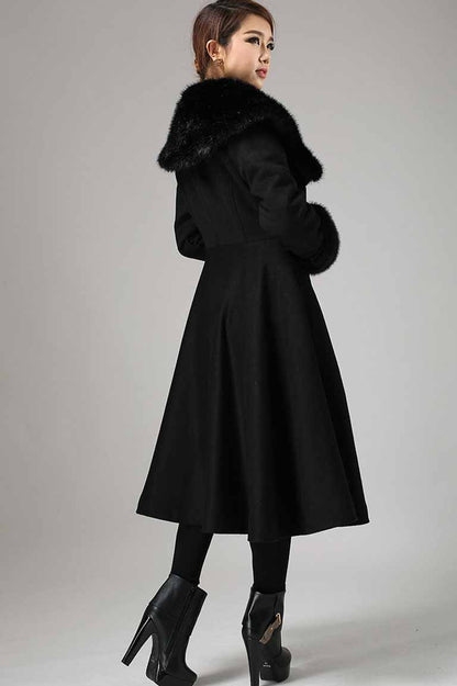 Black Wool Coat Maxi Length - Faux Fur Collar & Cuffs 729