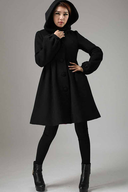 long sleeve wool jacket coat with hood in black 730#