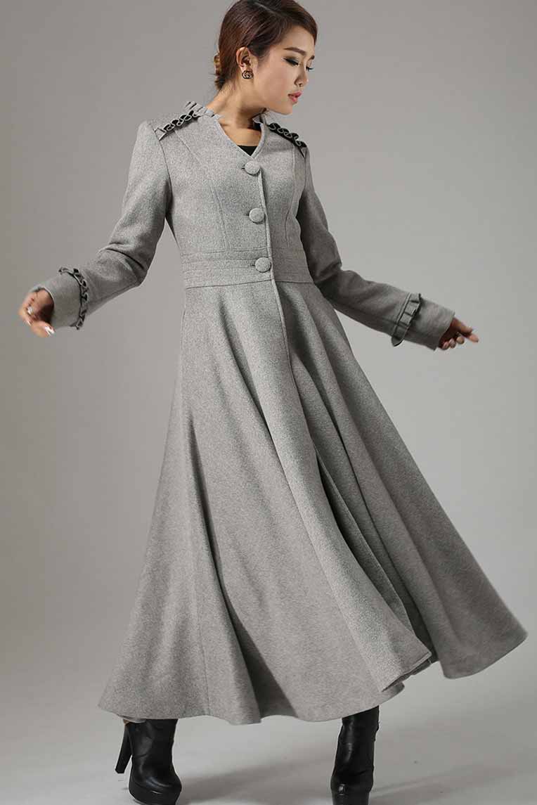 Long Grey Swing wool Coat with Ruffle Details 0731#