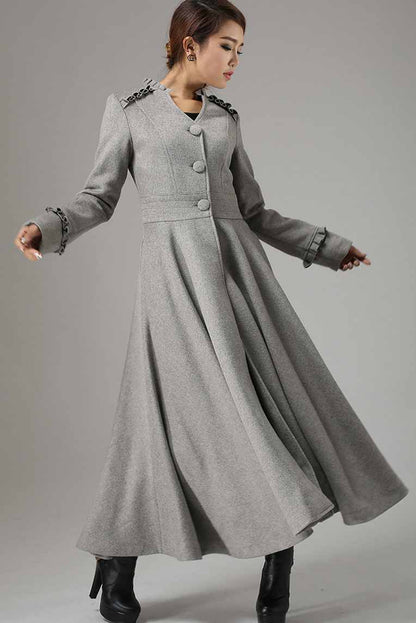Gray Wool Maxi Coat for Women – Ruffle Trim Fit & Flare Winter Overcoat 731