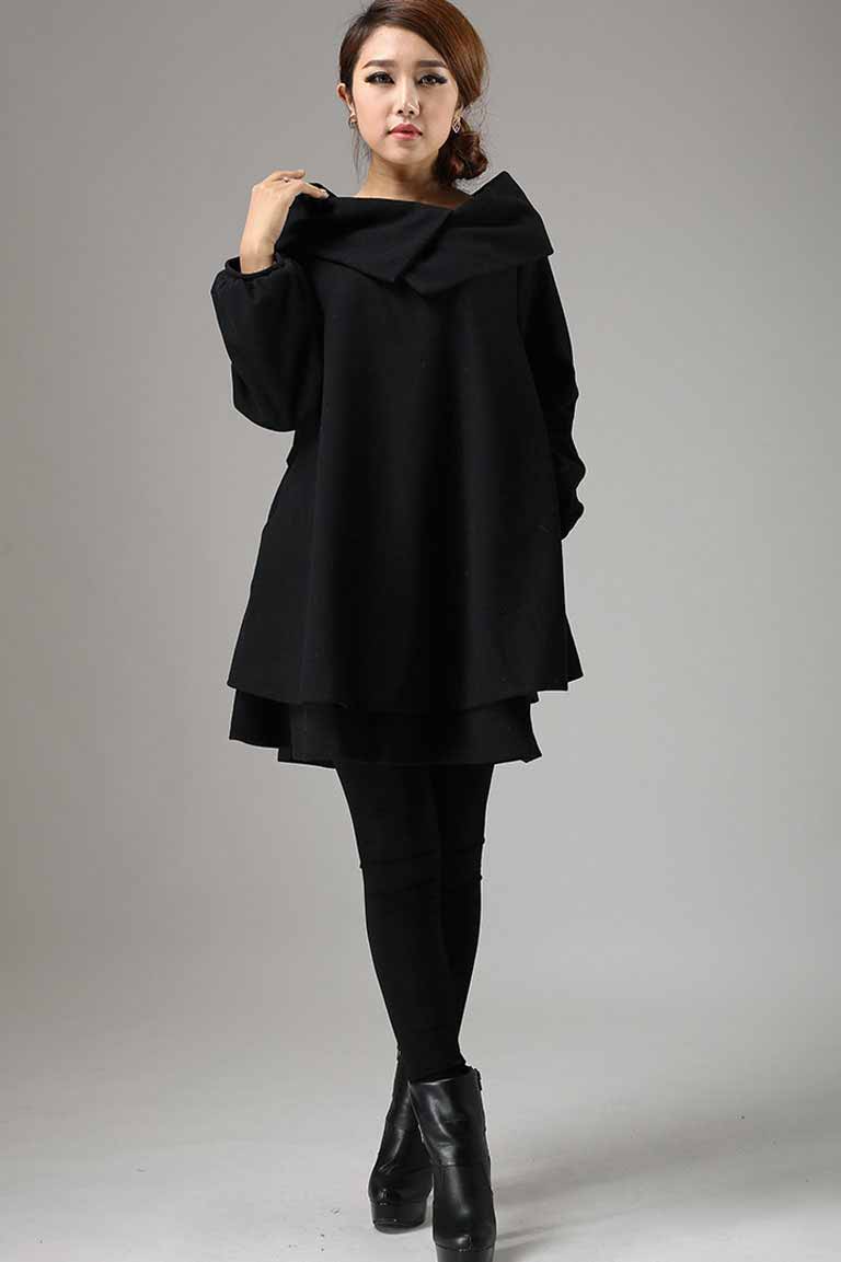 Black wool dress mini dress swing dress 0733#