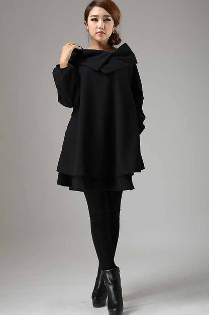 Black Wool Mini Dress - Oversized Swing with Chunky Collar 733