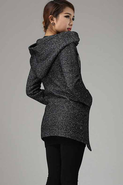 Charcoal Black Biker Wool Coat – Cowl Neck Hooded Winter Jacket | Xiaolizi 735