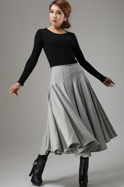 Gray Wool Midi Skirt – Vintage High Waist Flared Winter Skirt for Women 0748