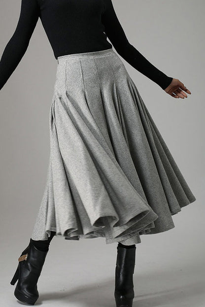 Gray Wool Midi Skirt – Vintage High Waist Flared Winter Skirt for Women 0748