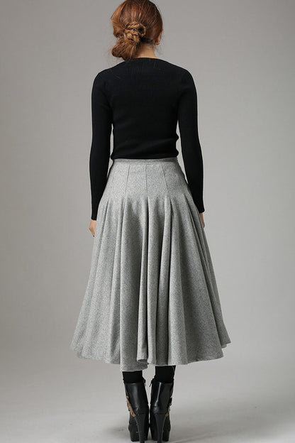 Gray Wool Midi Skirt – Vintage High Waist Flared Winter Skirt for Women 0748