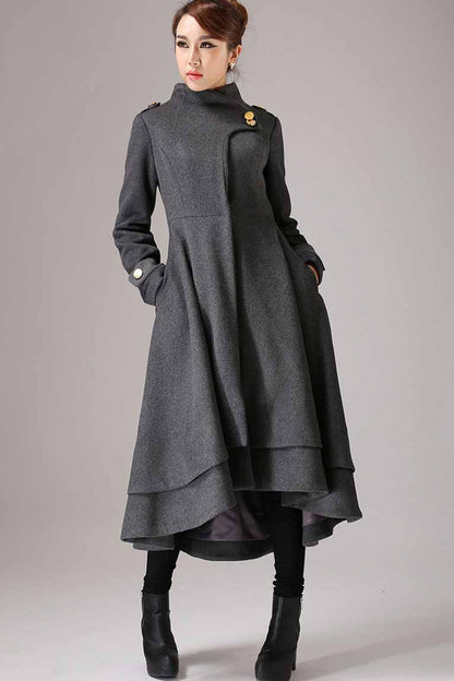 Gray Wool Swing Coat - Vintage High Collar, Asymmetrical Hem 761