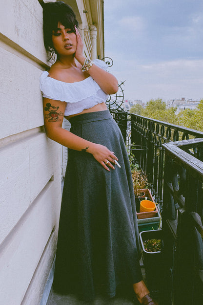 Gray Wool Flared Maxi Skirt - Elastic Waist, Ankle Length 3217