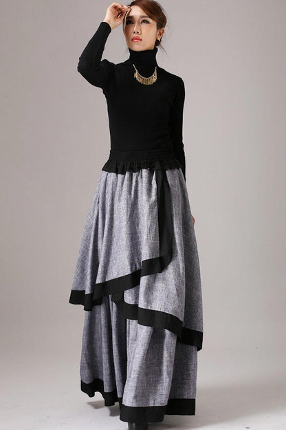 Gray Linen Blend Maxi Skirt - Layered Wrap Detail 771