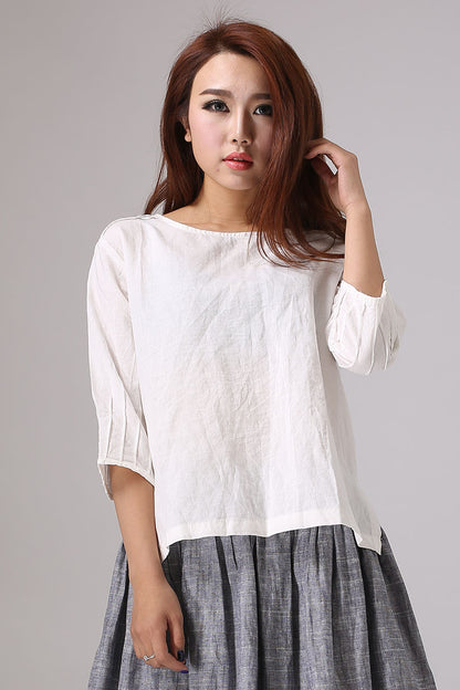 Handmade Casual Linen Blouse - White 3/4 Sleeve Minimalist Top for Women 77711