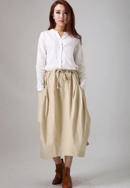 Casual Linen Skirt – Handmade Mid-Calf with Drawstring & Side Pockets | Xiaolizi 77912