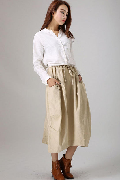 Casual Linen Skirt – Handmade Mid-Calf with Drawstring & Side Pockets | Xiaolizi 77912
