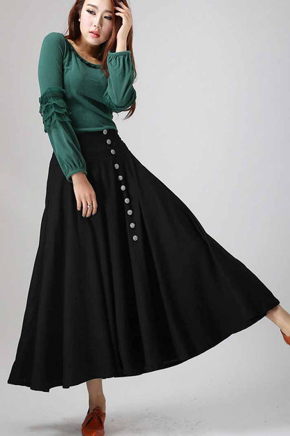 Black linen maxi skirt woman's long skirt with button detail 782#