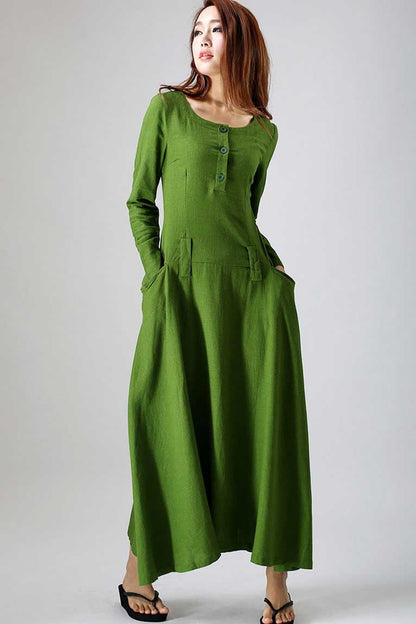 Leaf Green Linen Cotton Maxi Dress with Buttoned Neckline and Pockets – Xiaolizi Leaf Green Linen Cotton Maxi Dress with Buttoned Neckline and Pockets – Xiaolizi