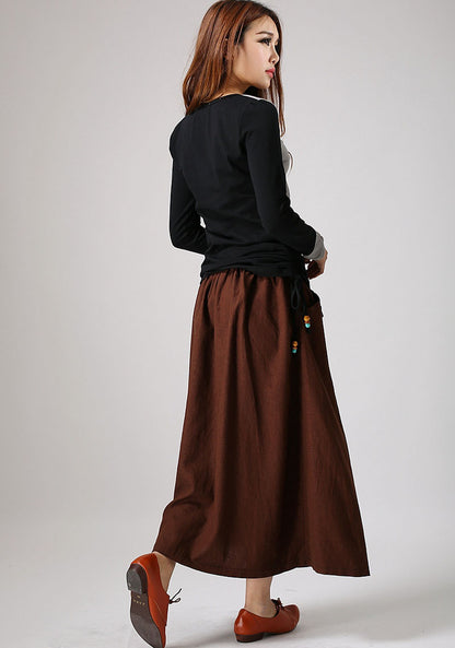 Brown Linen Maxi Skirt - Irregular Hem with Side Pockets 858
