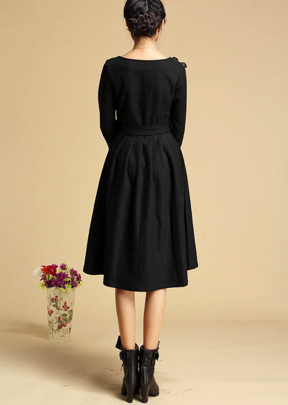 Black Wool Midi Dress - Tie Belt Waist, Long Sleeve 321