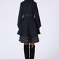 Womens Mid-Length Winter Jacket - Navy Blue Midi Swing & Layered Wool Coat with Contrasting Hemline Detail (1059)