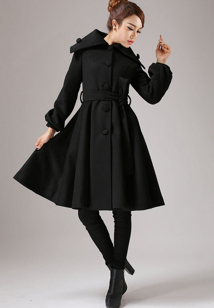 Wool Blend Winter Coat – Vintage Shawl Collar Belted A-Line Jacket 0753