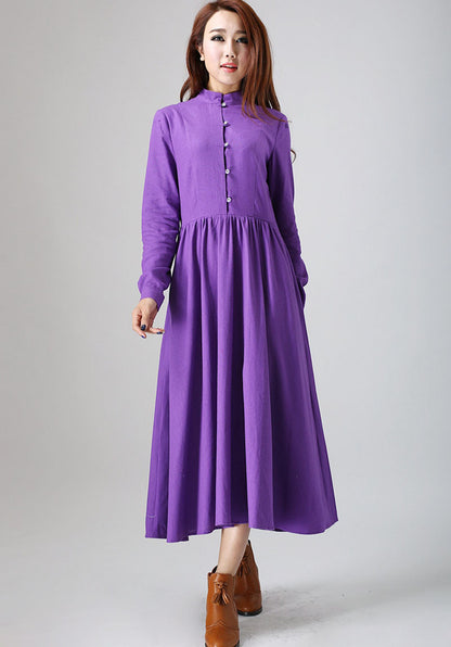 Purple Linen Maxi Dress - Long Sleeve, Button-Front Elegance 799