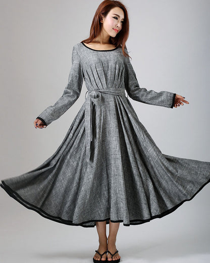 Gray Linen Maxi Dress - A-Line with Long Sleeves and Waist Belt 792