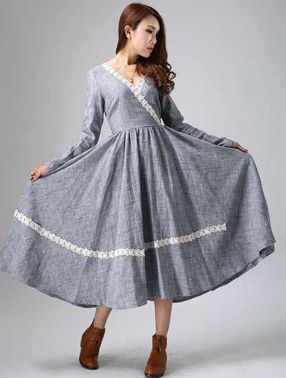 Gray Linen Maxi Dress - Long Sleeve with Lace Detail 807