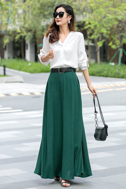 Emerald Green Linen Cotton Maxi Skirt - Swing Flared with Pockets 3539